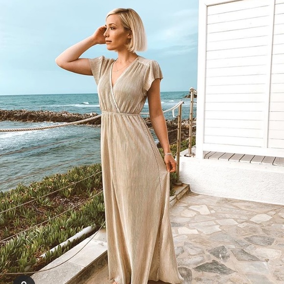 Athena Gold Pleated Maxi Dress - mordernwear.com